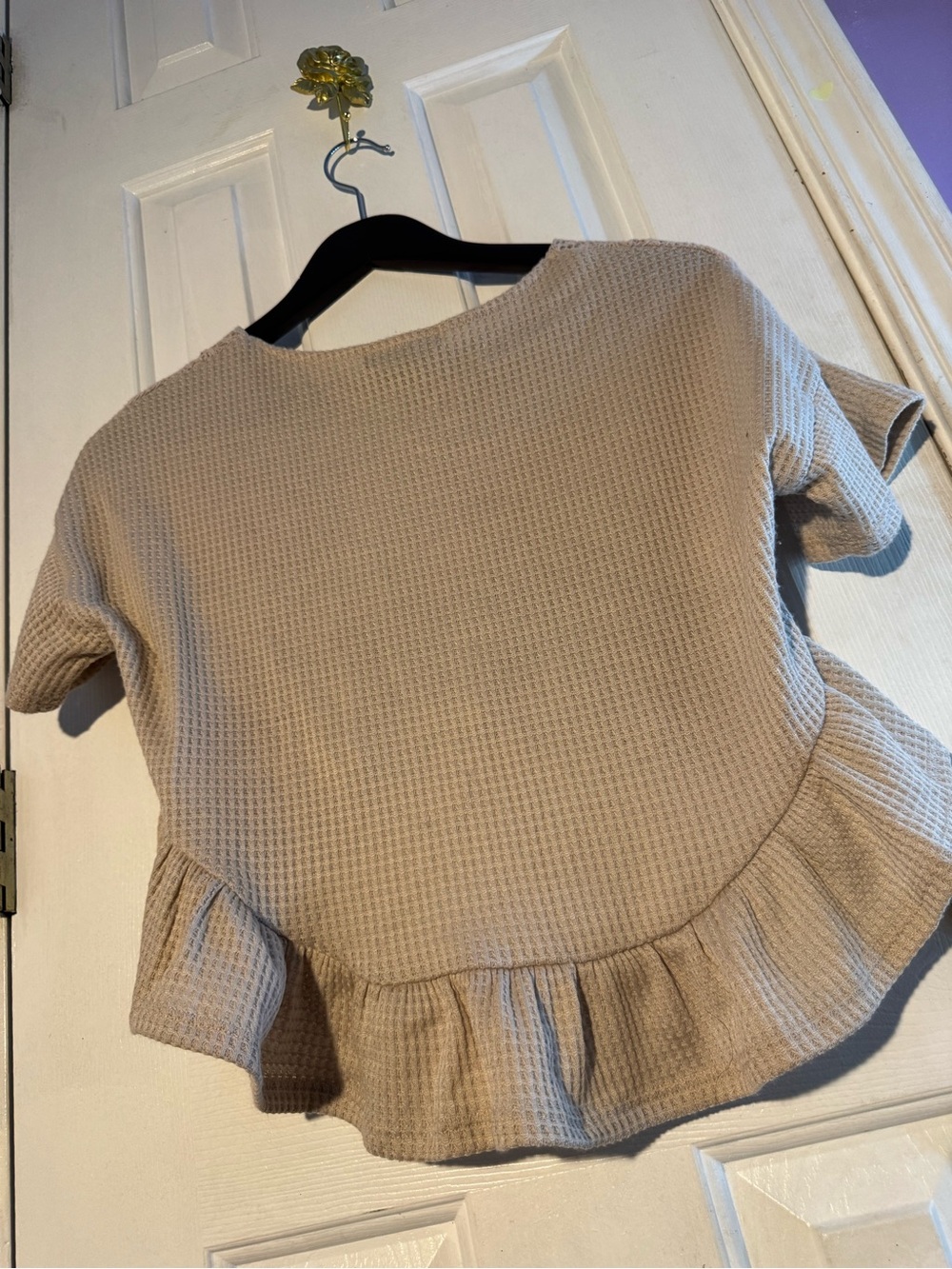 Waffle-Knit Peplum Top in Beige